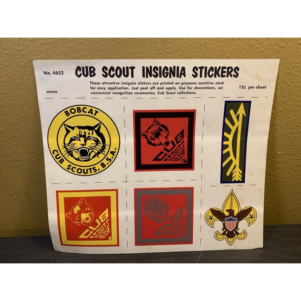 Vintage Sheet of CUB SCOUT INSIGNIA STICKERS Official BSA Scouting Badges